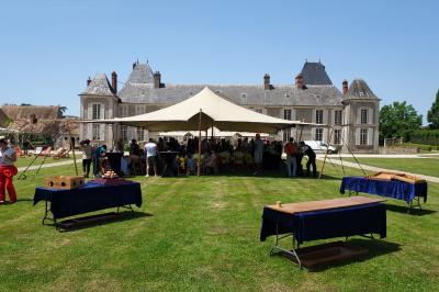 Vue aérienne d'une place animée avec des stands, une statue centrale et des bâtiments historiques environnants.