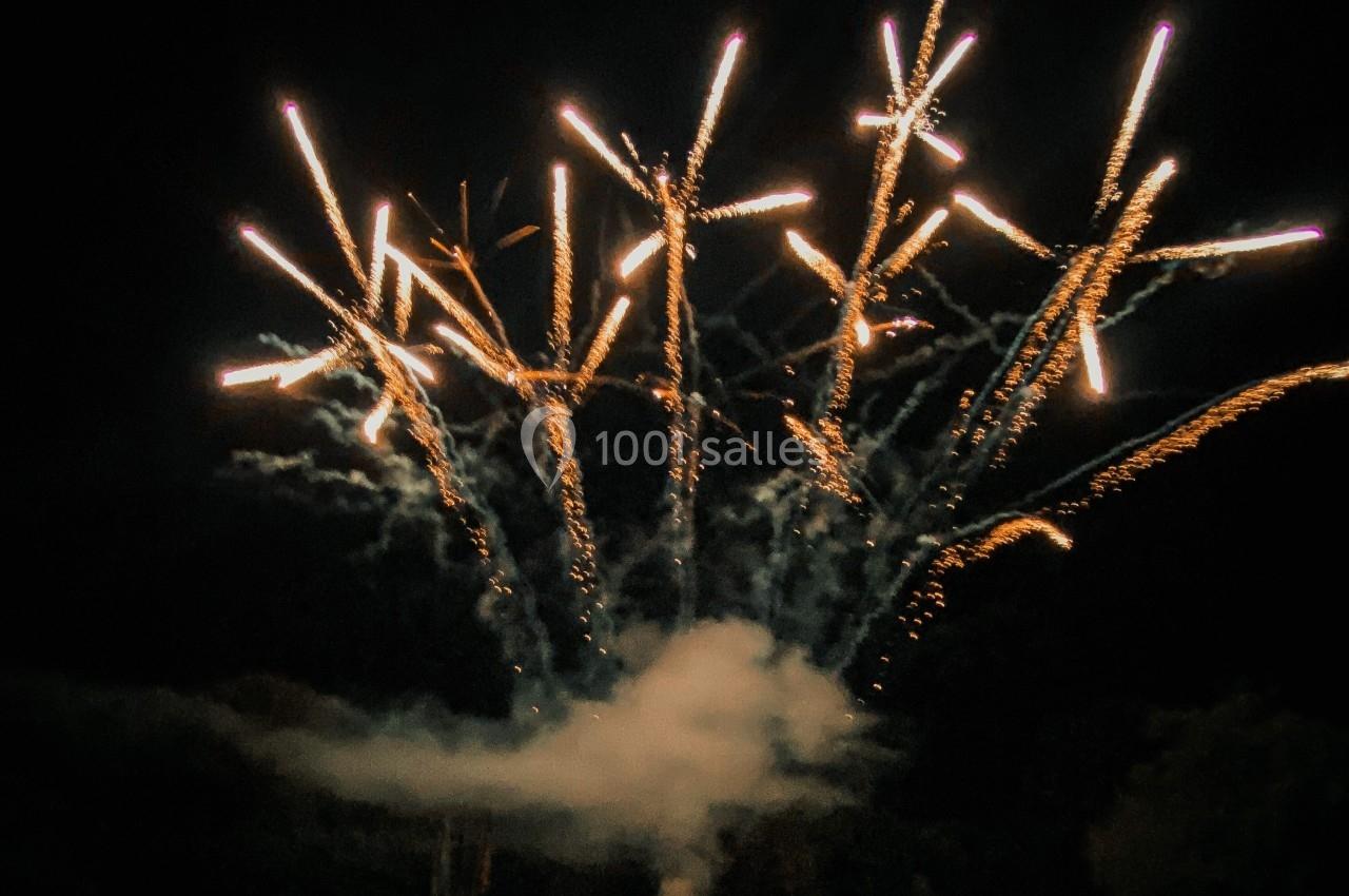 Feux d'artifice illuminant le ciel nocturne avec des traînées lumineuses et de la fumée visible en bas.