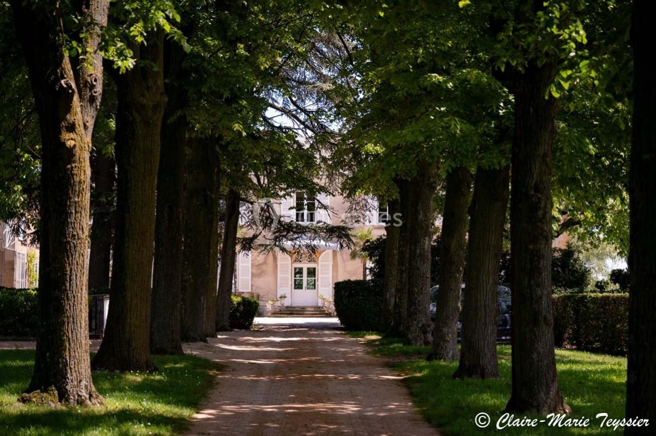 Allée bordée d'arbres menant à une maison en pierre claire partiellement visible à travers les feuillages.