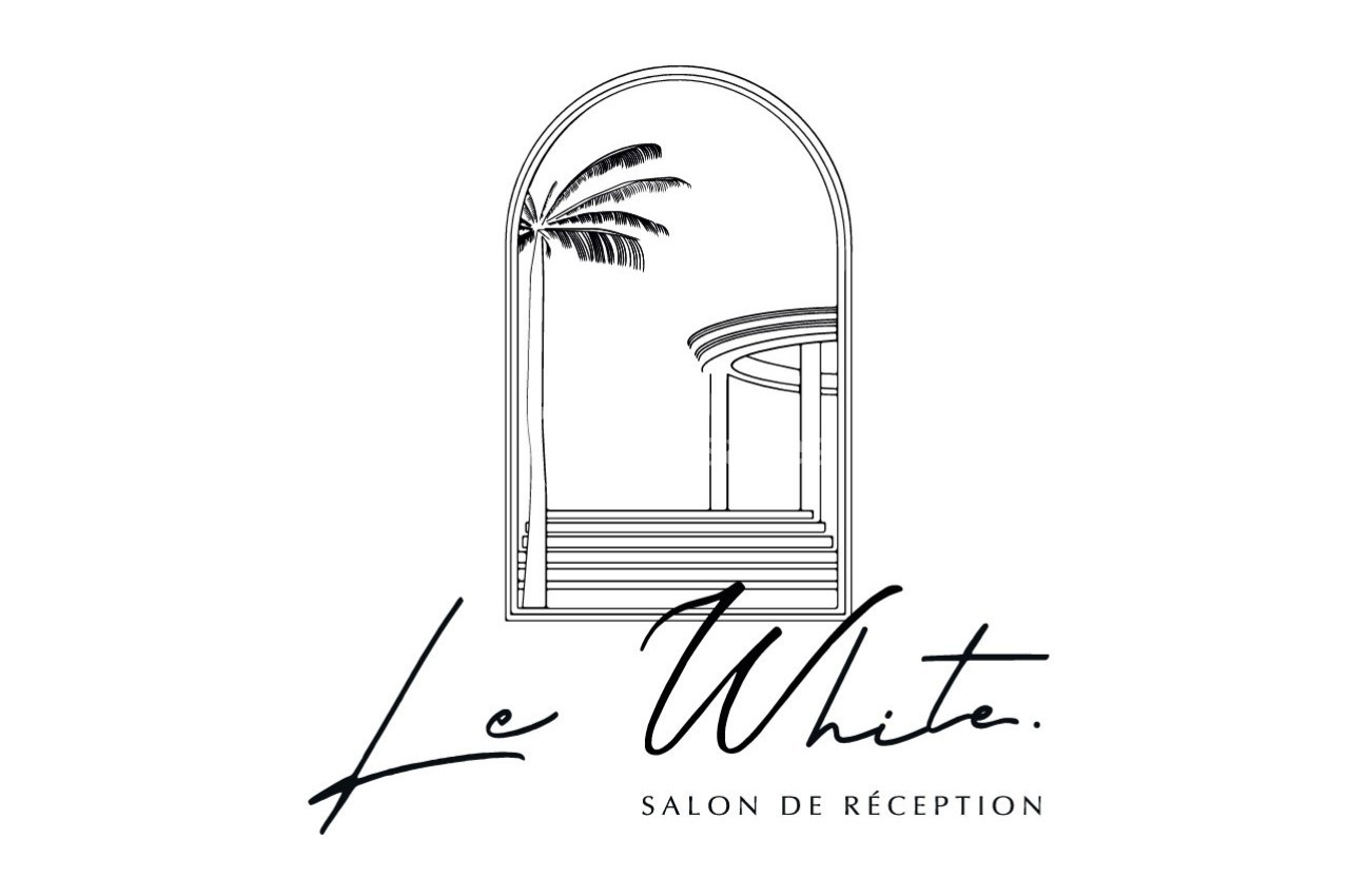 Illustration minimaliste d'une arche encadrant un palmier et une structure architecturale, avec le texte ’Le White. Salon de…