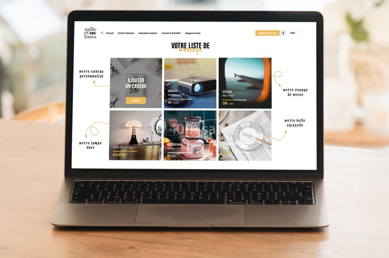 Écran d'ordinateur affichant une page web avec des suggestions de cadeaux organisées en catégories visuelles.