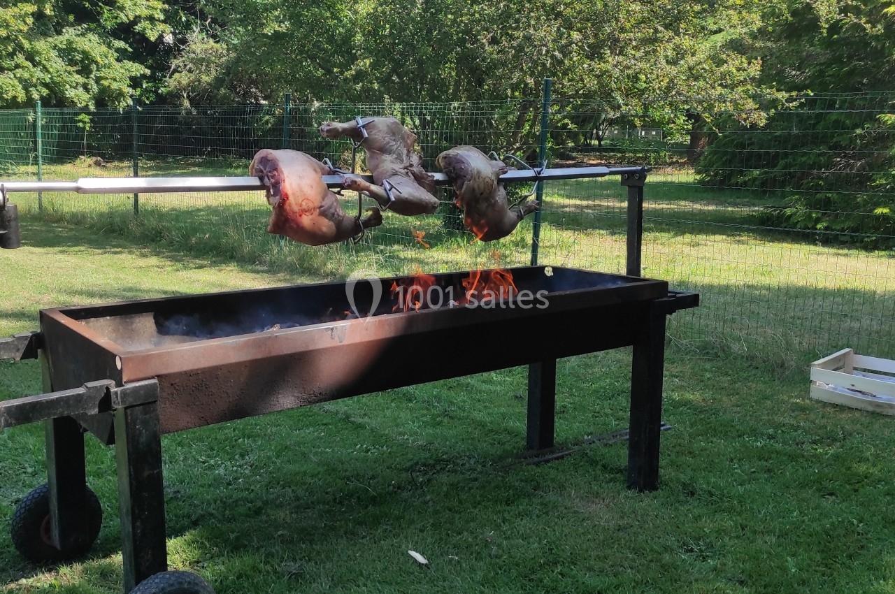 Viande en train de rôtir sur une broche au-dessus d'un barbecue en plein air, dans un jardin verdoyant.