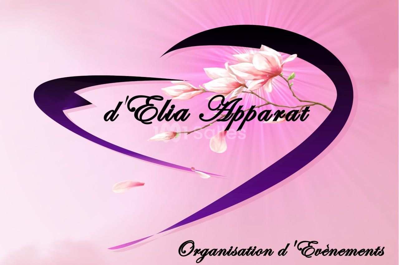 Logo en forme de cœur violet avec des fleurs roses et les textes ’d'Elia Apparat’ et ’Organisation d'Événements’.