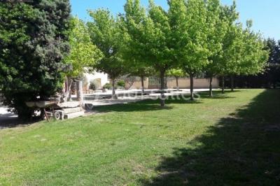 Bâtisse provençale entourée de cyprès et de champs verts, avec des arbres en arrière-plan sous un ciel clair.