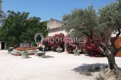 Bâtisse provençale entourée de cyprès et de champs verts, avec des arbres en arrière-plan sous un ciel clair.