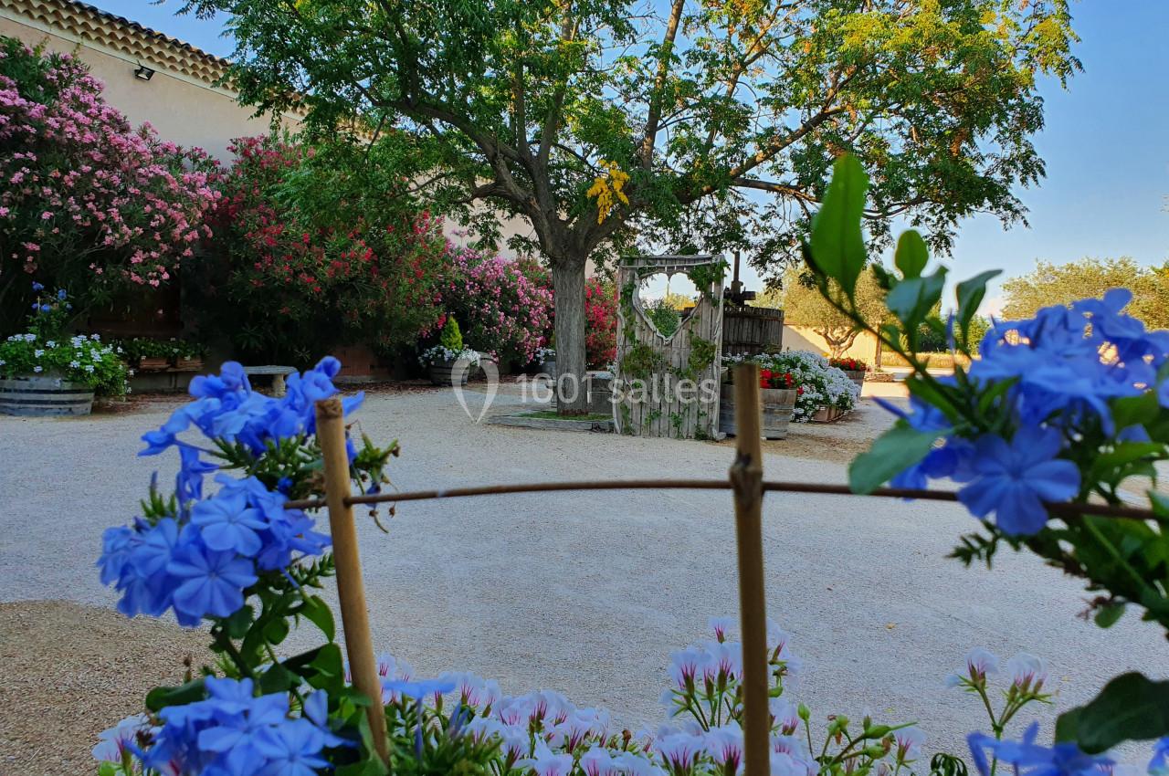 Jardin fleuri avec un arbre central, des buissons colorés et un chemin en gravier sous un ciel dégagé.