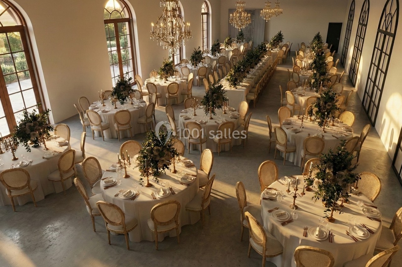 Salle de réception élégante avec tables rondes dressées, décorations florales et lumière naturelle entrant par de grandes…