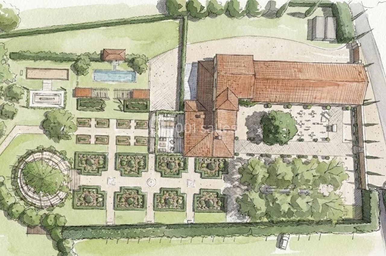 Plan illustré d'un domaine avec jardin structuré, piscine, bâtiments en tuiles et espaces verts entourés de haies.