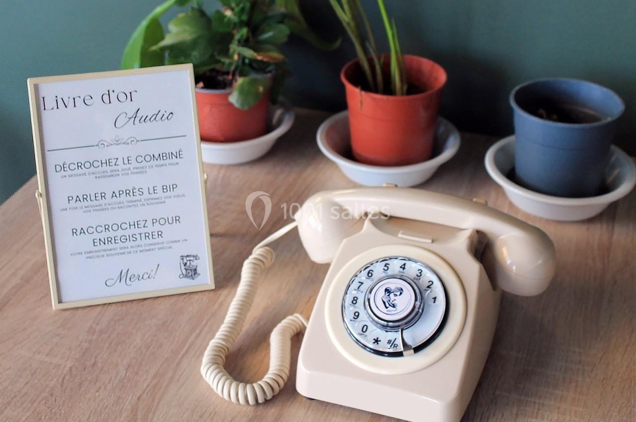 Téléphone rétro beige posé sur une table en bois, entouré de plantes en pots et d'un panneau explicatif.