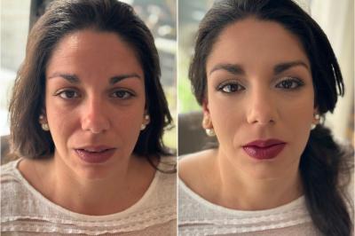 Femme avant et après une séance de maquillage, montrant une transformation avec un maquillage sophistiqué.