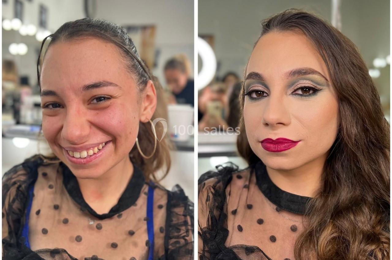 Femme avant et après une séance de maquillage, montrant une transformation avec un maquillage sophistiqué et élégant.