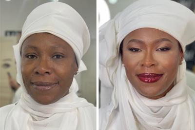 Femme avant et après une séance de maquillage, montrant une transformation avec un maquillage sophistiqué.