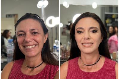 Femme avant et après une séance de maquillage, montrant une transformation avec un maquillage sophistiqué.