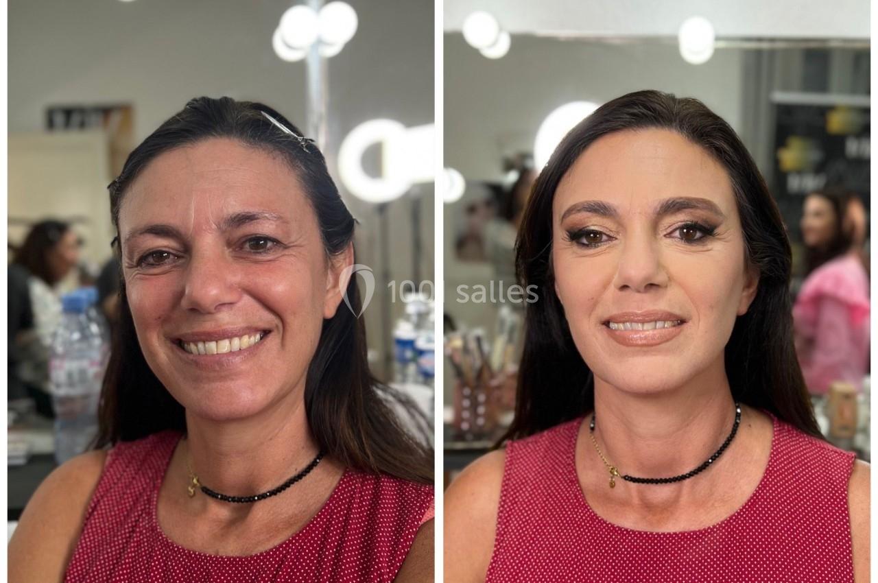 Femme avant et après une séance de maquillage, montrant une transformation avec un maquillage sophistiqué.