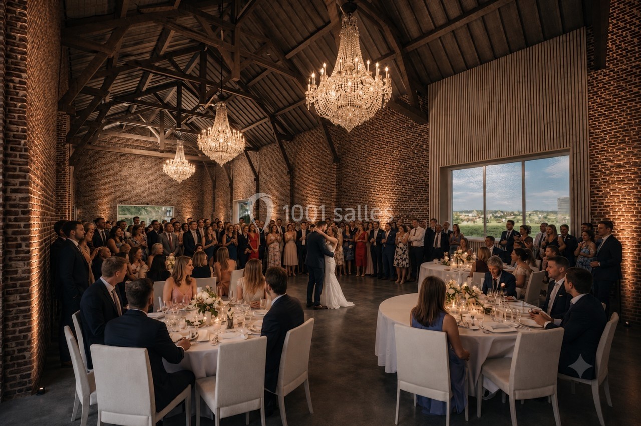 Salle de réception en briques avec chandeliers, invités assis et debout, un couple dansant au centre.