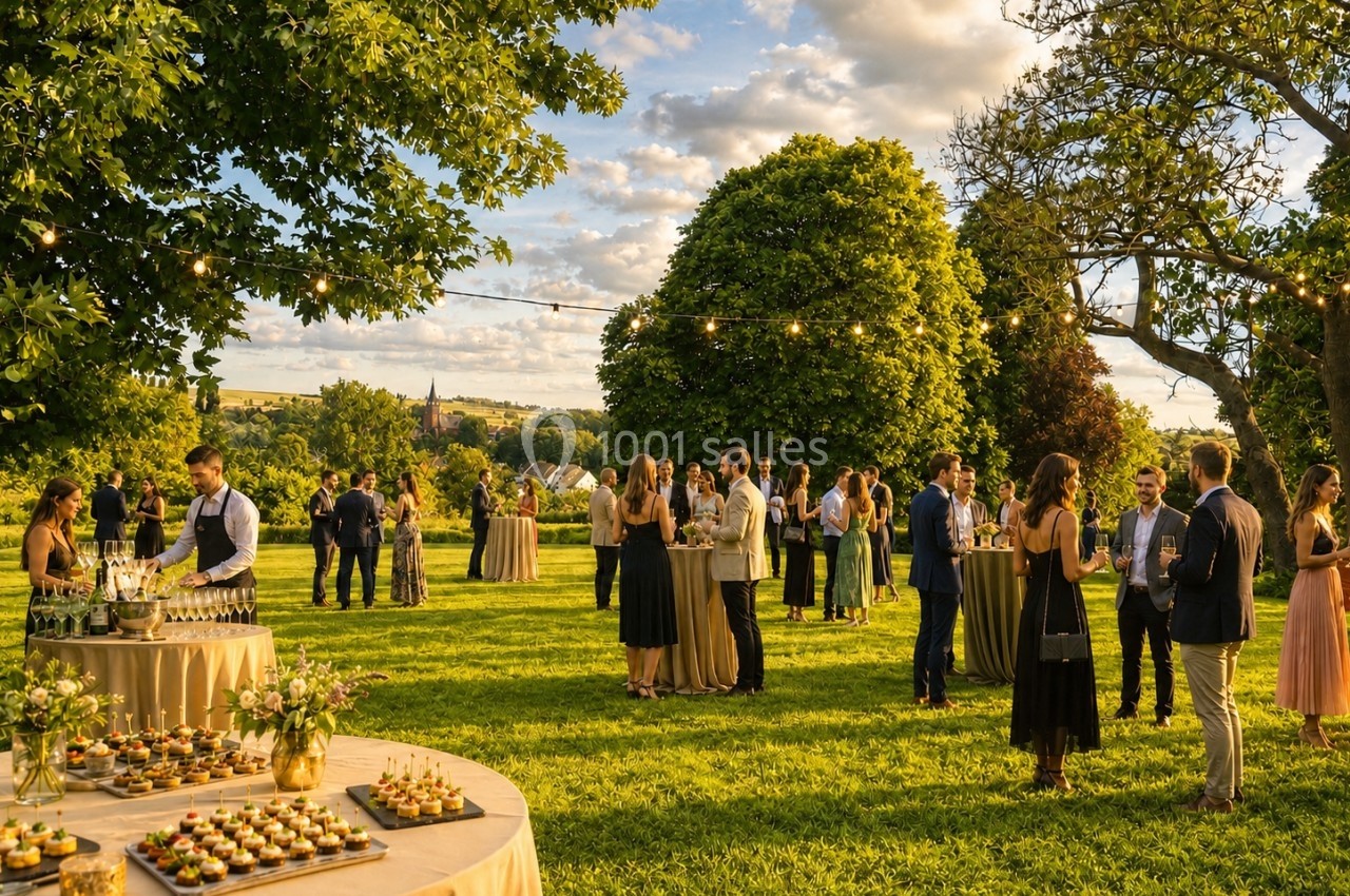 Groupe de personnes discutant lors d'une réception en plein air, entourées de tables et de verdure sous un ciel dégagé.
