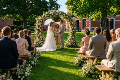 Miniature Location salle Rues-des-Vignes (Nord) - Domaine de Revelon #15 Un couple échange ses vœux sous une arche fleurie lors d'une cérémonie de mariage en plein air, entouré d'invités.