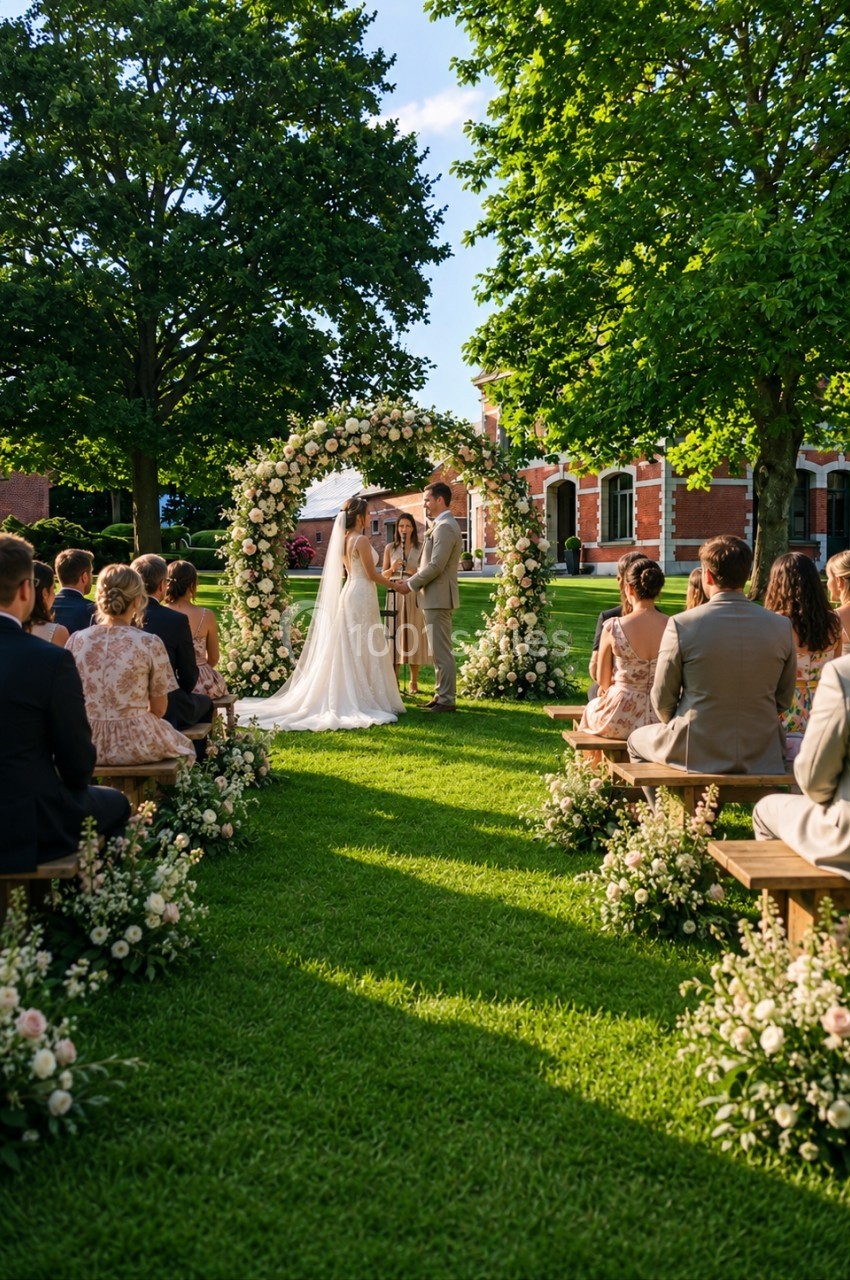 Un couple échange ses vœux sous une arche fleurie lors d'une cérémonie de mariage en plein air, entouré d'invités.
