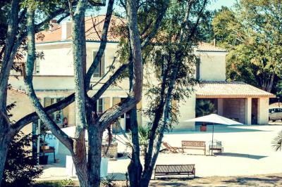 Miniature Location salle Tresses (Gironde) - Domaine de la Rose Blanche #12 Façade d'une maison en pierre avec terrasse ensoleillée, chaises longues et pots de fleurs sur un sol pavé clair.
