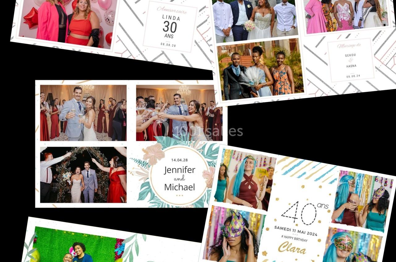 Montage de cadres photo personnalisés avec des images de groupes et des décorations festives.