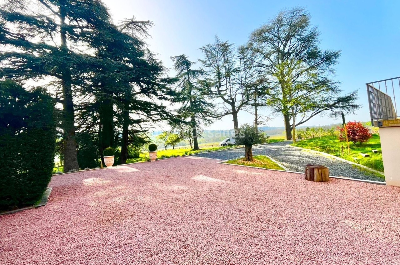 Cour en gravier rose entourée d'arbres, avec un chemin menant à un paysage dégagé sous un ciel bleu.