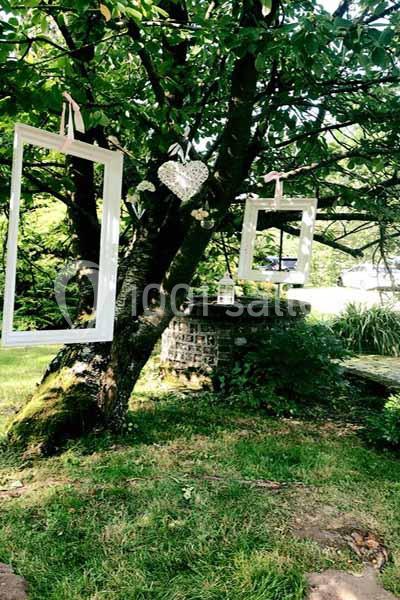 Cadres suspendus à un arbre dans un jardin verdoyant, avec un puits en pierre en arrière-plan.