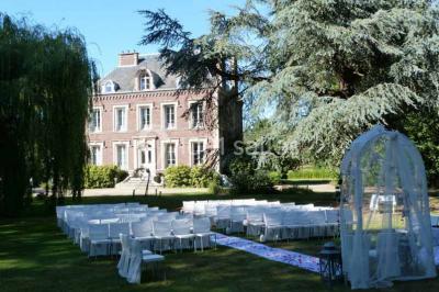 Glycine en fleurs grimpant sur une pergola, avec une maison en briques et des arbustes en arrière-plan.