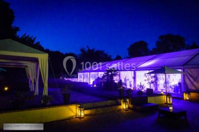 Glycine en fleurs grimpant sur une pergola, avec une maison en briques et des arbustes en arrière-plan.