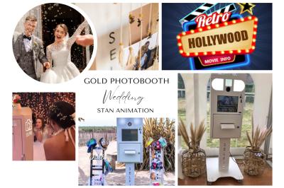 Miniature Location photobooth mariage nantes Montage d'images montrant un mariage, un photobooth, et une décoration sur le thème d'Hollywood rétro.