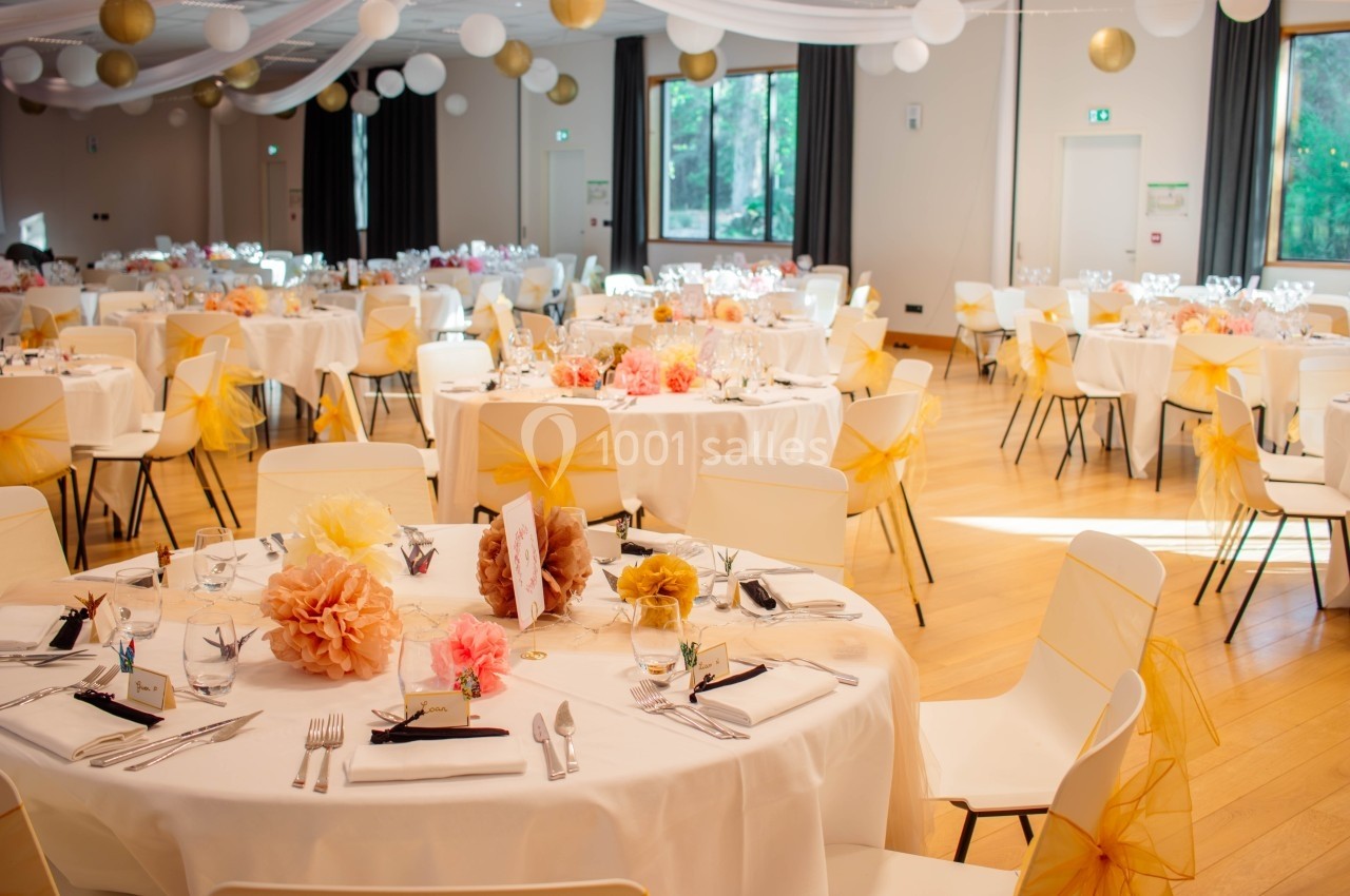 Salle de réception décorée pour un événement, avec tables rondes ornées de fleurs et chaises habillées de nœuds jaunes.