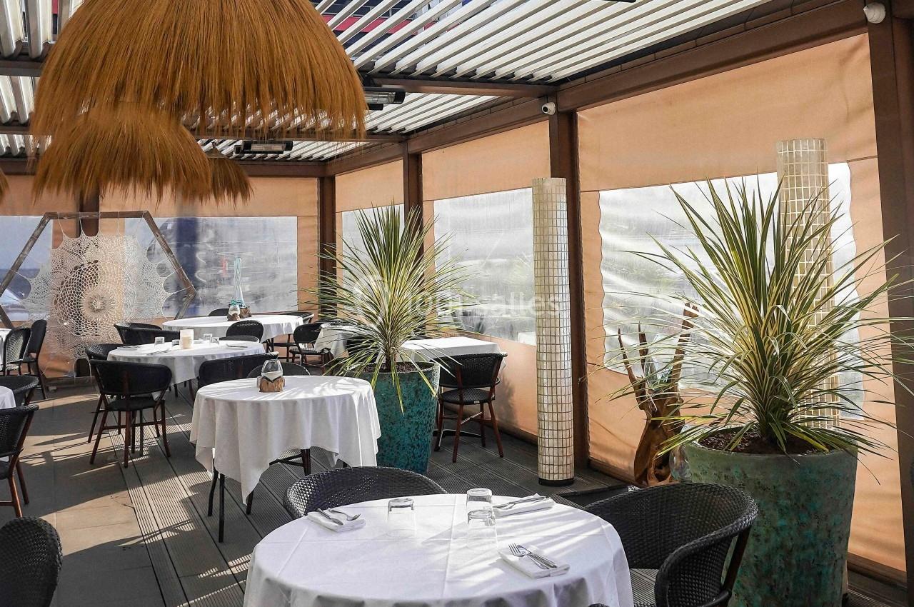 Terrasse de restaurant couverte avec tables dressées, chaises en osier, plantes décoratives et lumière naturelle.