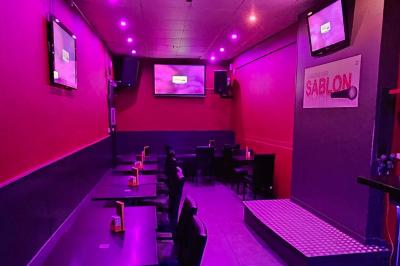 Scène de karaoké dans un bar avec éclairage rose et rouge, micro illustré sur un panneau mural.