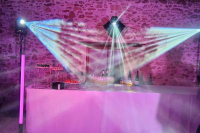 Miniature DJ Montévrain (Seine-et-Marne) - Madisoundlight #4 Salle de réception élégante avec tables rondes dressées, nappes blanches et décorations florales rouges.