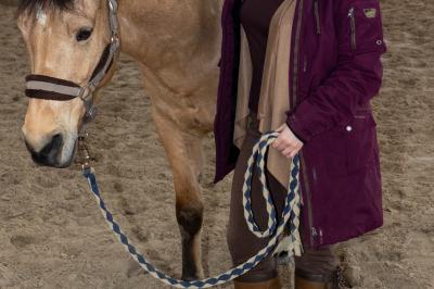 Femme souriante tenant les rênes d'un cheval brun dans un environnement extérieur boisé.