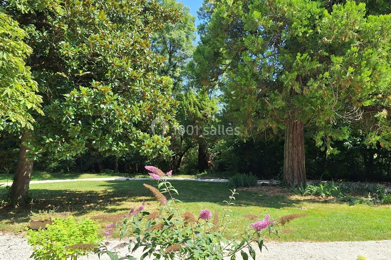 Allée bordée de végétation avec arbres feuillus, arbustes fleuris et ciel bleu en arrière-plan.