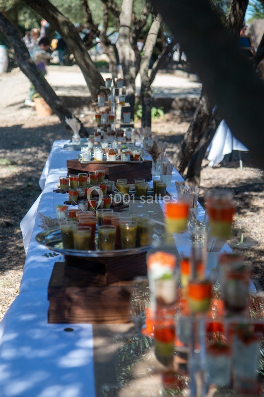 Buffet en plein air avec verrines colorées disposées sur une longue table blanche sous des arbres.