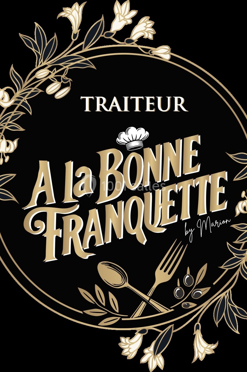 Logo circulaire avec des motifs floraux, le texte ’Traiteur À La Bonne Franquette by Marion’ et des ustensiles de cuisine…