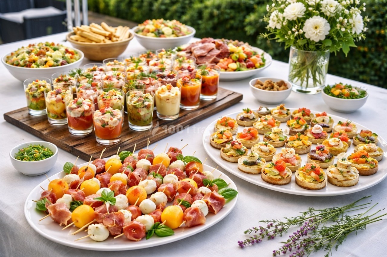 Buffet avec verrines colorées, canapés variés, brochettes apéritives et salades, disposé sur une table blanche.