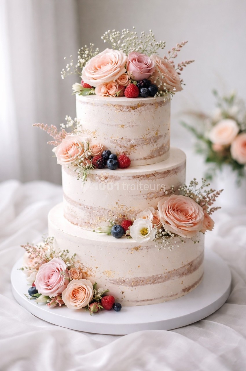 Gâteau de mariage à trois étages décoré de fleurs roses, de baies et de gypsophile sur un fond lumineux.