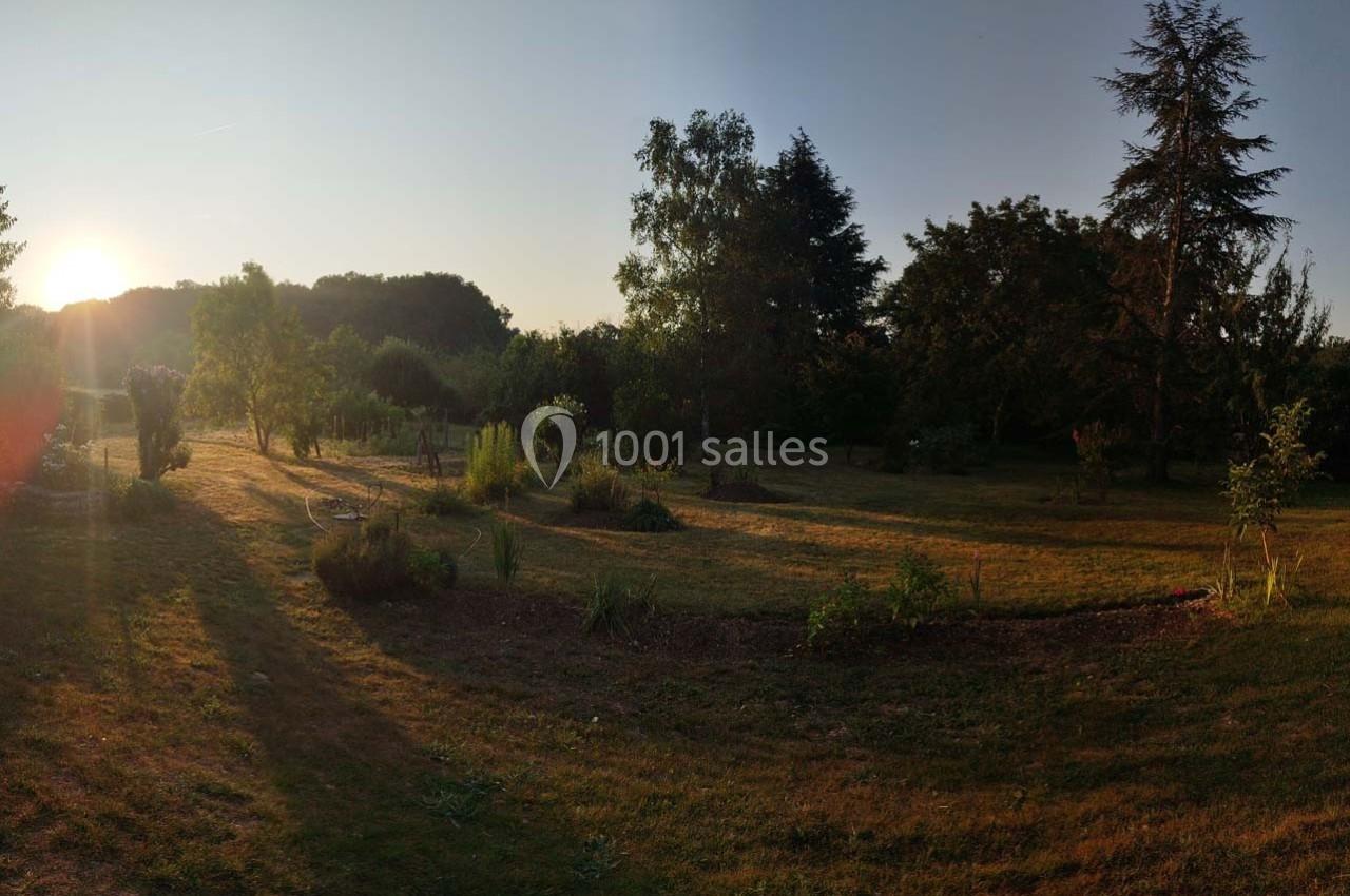 Jardin arboré au coucher du soleil, avec des ombres longues sur une pelouse partiellement sèche.