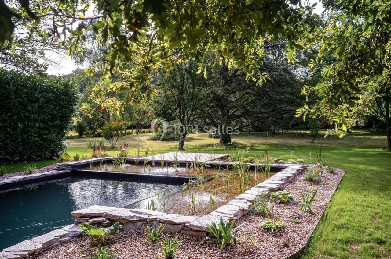 Étang naturel entouré de pierres et de végétation dans un jardin arboré.