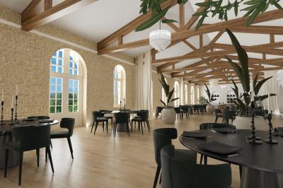 Miniature Location salle Margaux (Gironde) - Château Pontac Lynch #6 Femme de dos, vêtue d'un chapeau et d'une tenue claire, levant un verre de vin devant une façade en pierre avec volets…