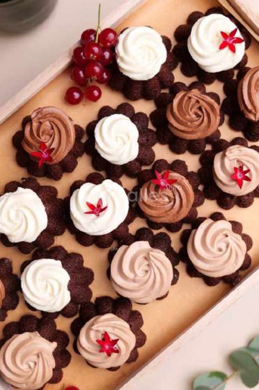 Plateau de petites tartelettes au chocolat garnies de crèmes en rosaces blanches et chocolatées, décorées de fleurs rouges et de groseilles.