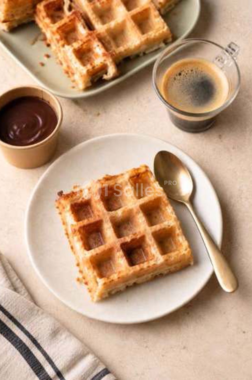 Gaufre carrée dressée sur une assiette blanche avec une cuillère dorée, un pot de pâte à tartiner au chocolat et une tasse de café à côté.