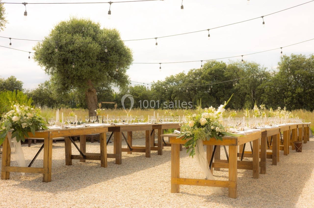 Tables en bois décorées de fleurs et de bougies, disposées en extérieur sous des guirlandes lumineuses près d'un olivier.