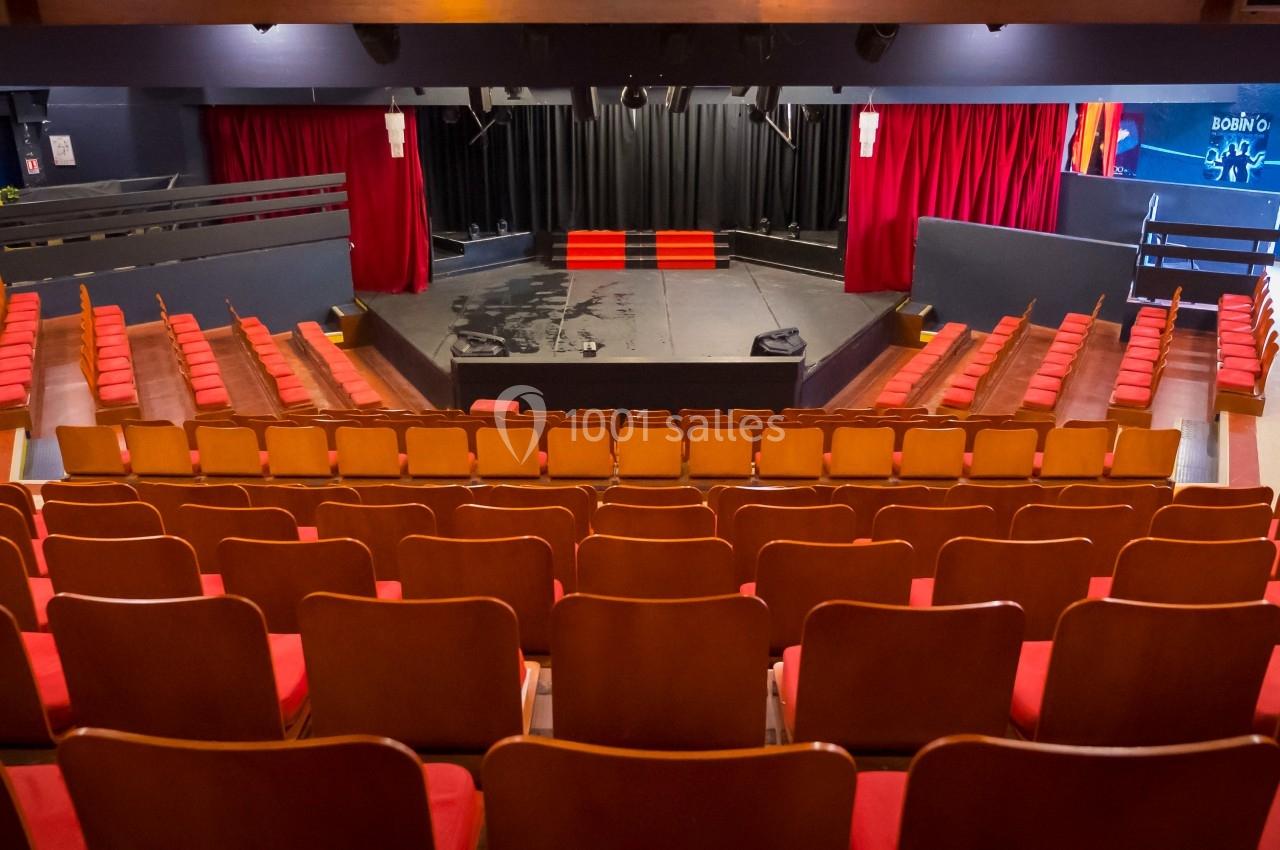 Salle de théâtre vide avec des rangées de sièges rouges face à une scène entourée de rideaux rouges.