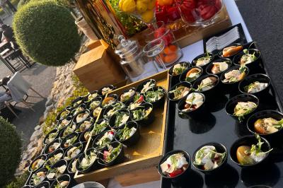 Table garnie de bouteilles de vin, verres, raisins noirs et noix, décorée avec des éléments naturels et boisés.