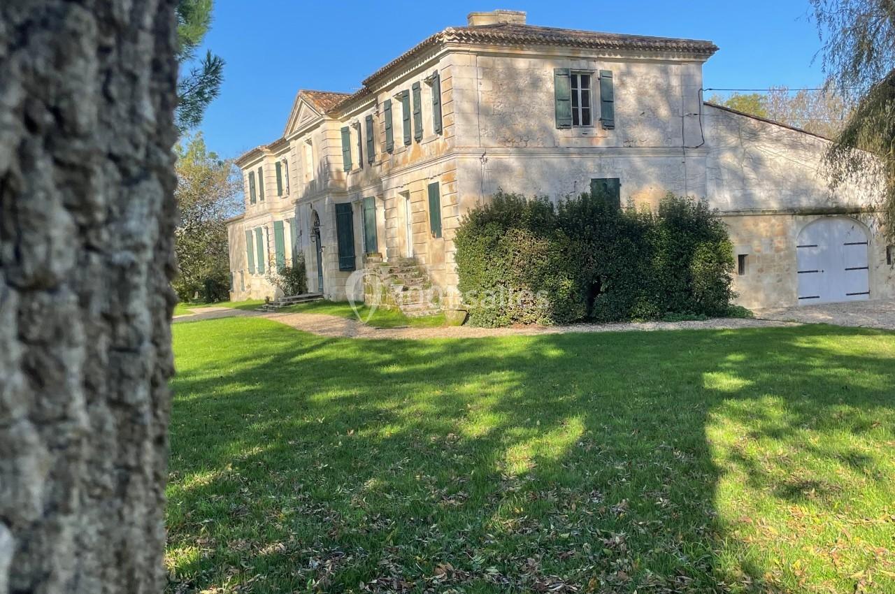 Grande maison en pierre entourée de verdure, vue depuis un arbre au premier plan par une journée ensoleillée.