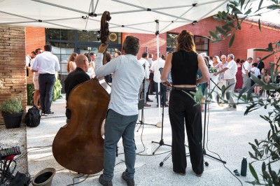 Deux mains tendues l'une vers l'autre au-dessus d'un champ de tournesols fanés.