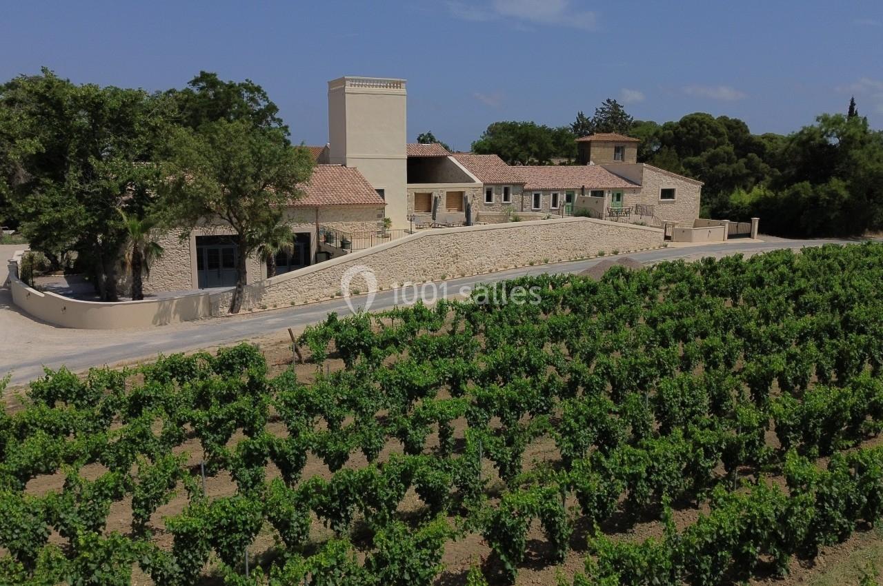 Vue d'un domaine viticole avec un bâtiment en pierre entouré de vignes sous un ciel dégagé.